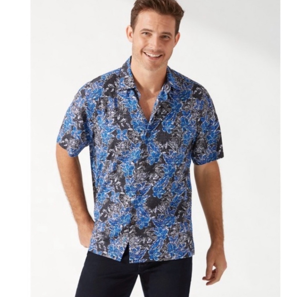 Tommy Bahama Mens Large Blue Floral Shirt Tropical Silk Coolmax Island Zone